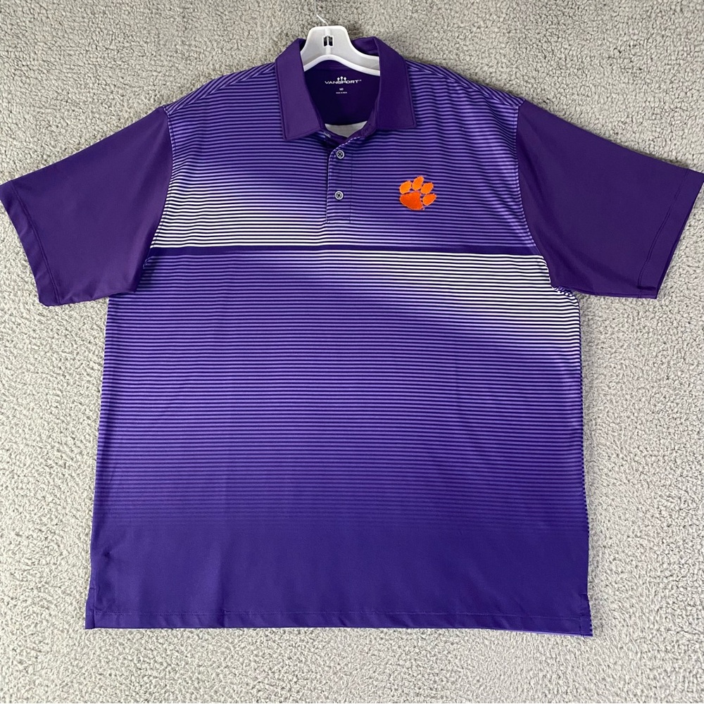 Clemson University Tigers Polo Shirt Vansport Mens Medium Purple Striped Golf